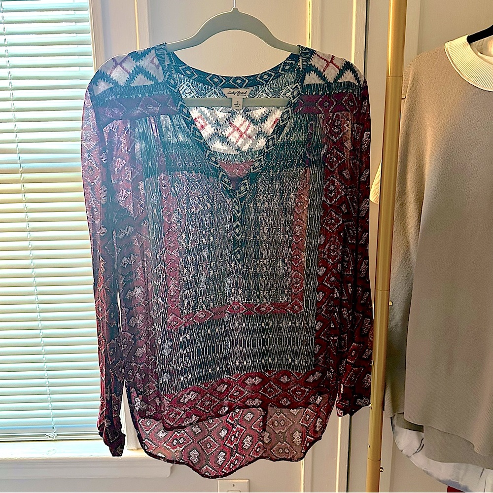 Lucky Brand Sheer Boho Multicolor Long Sleeve Blouse Size Small